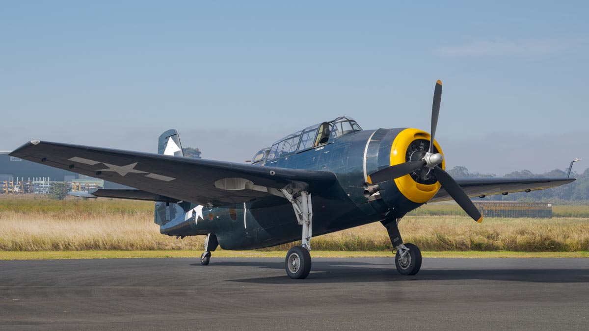 Grumman TBM-3E Avenger VH-MML parked at the Lismore Aviation Expo 2018 airshow.