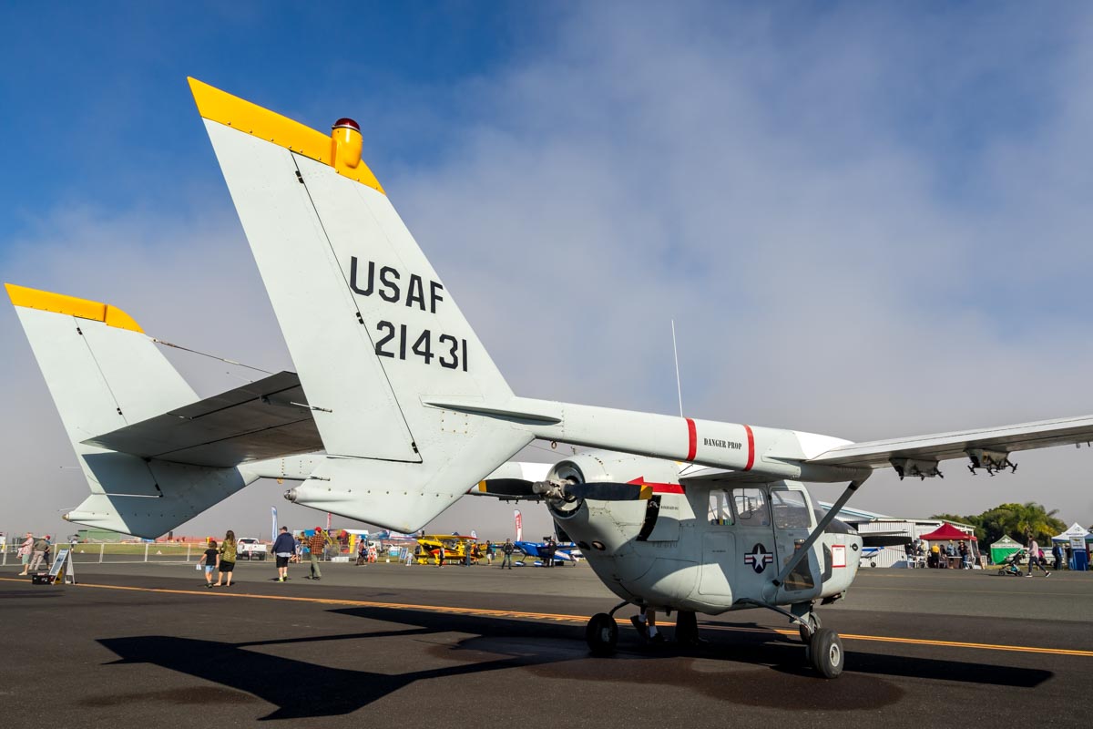 Rear view of Cessna O-2A Skymaster VH-OTO at the Lismore Aviation Expo 2018 airshow.