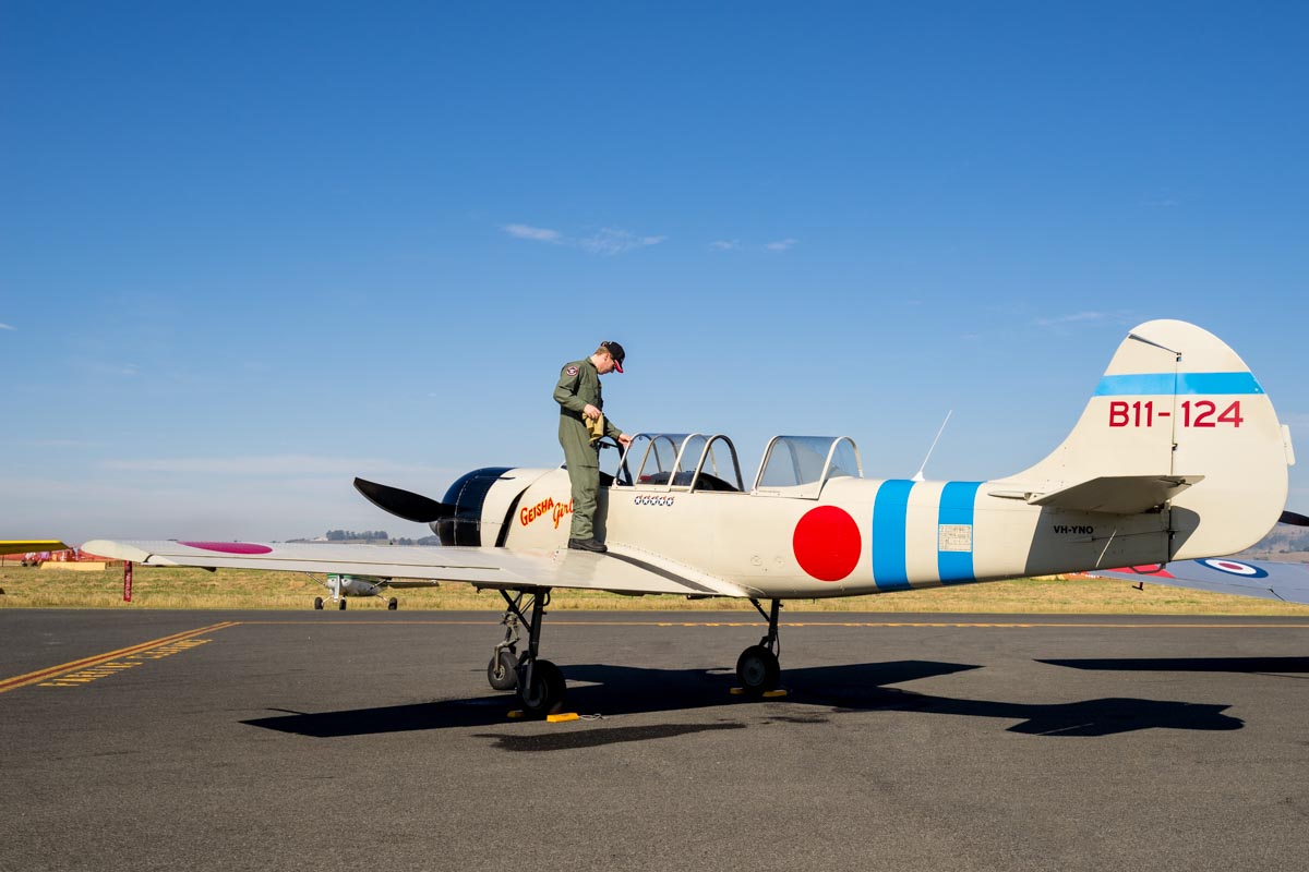 Yakovlev Yak-52 VH-YNO "Geisha Girl" being prepared for flight at the Lismore Aviation Expo 2018 airshow.