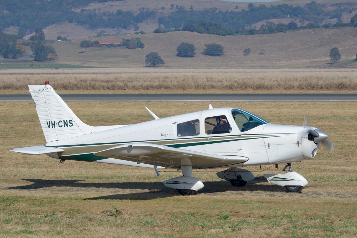 Piper PA-28-140 Cherokee VH-CNS taxiing at Lismore Aviation Expo 2018 public airshow.