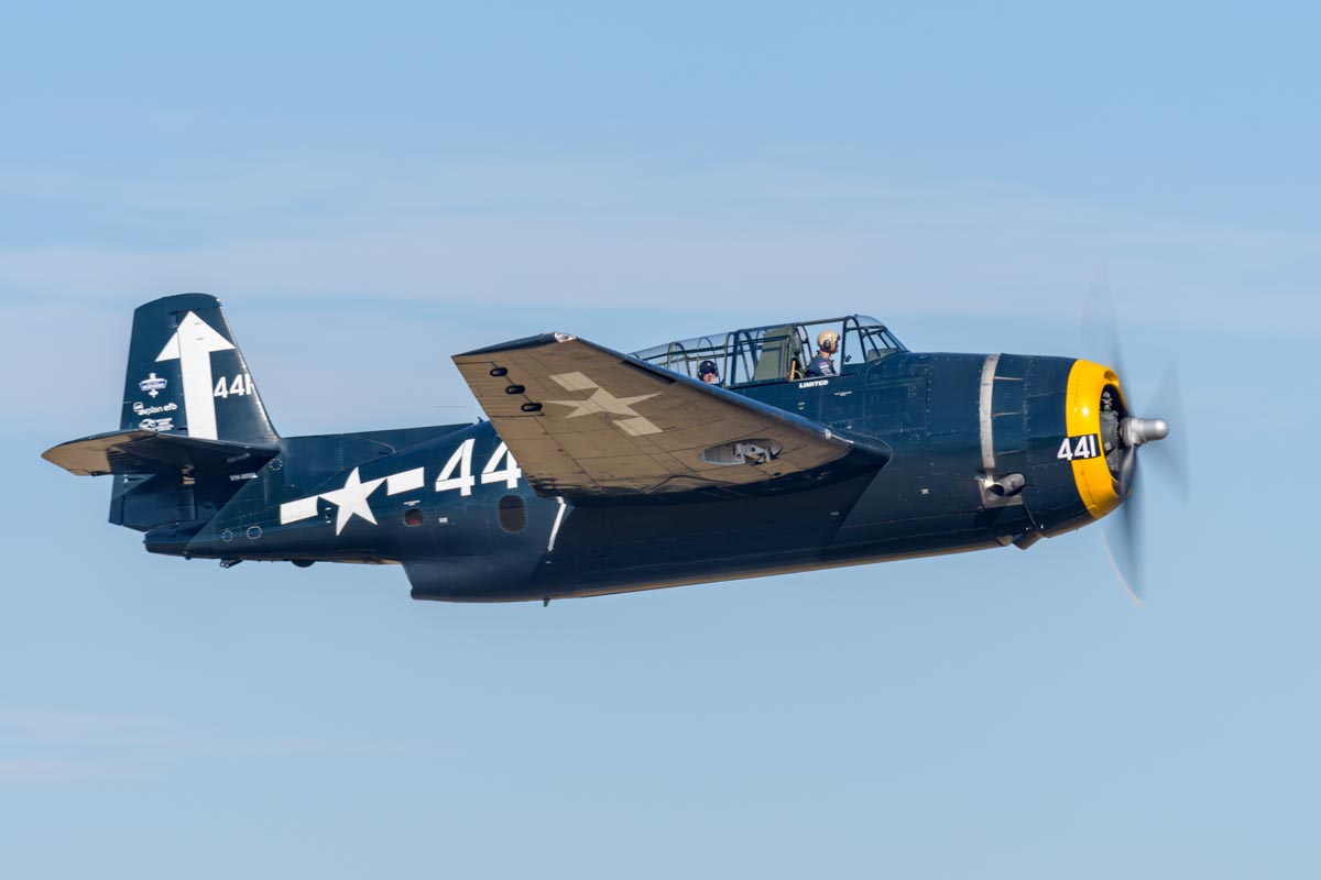 Grumman TBM-3E Avenger VH-MML takes off for an adventure flight at the Lismore Aviation Expo 2018 airshow.