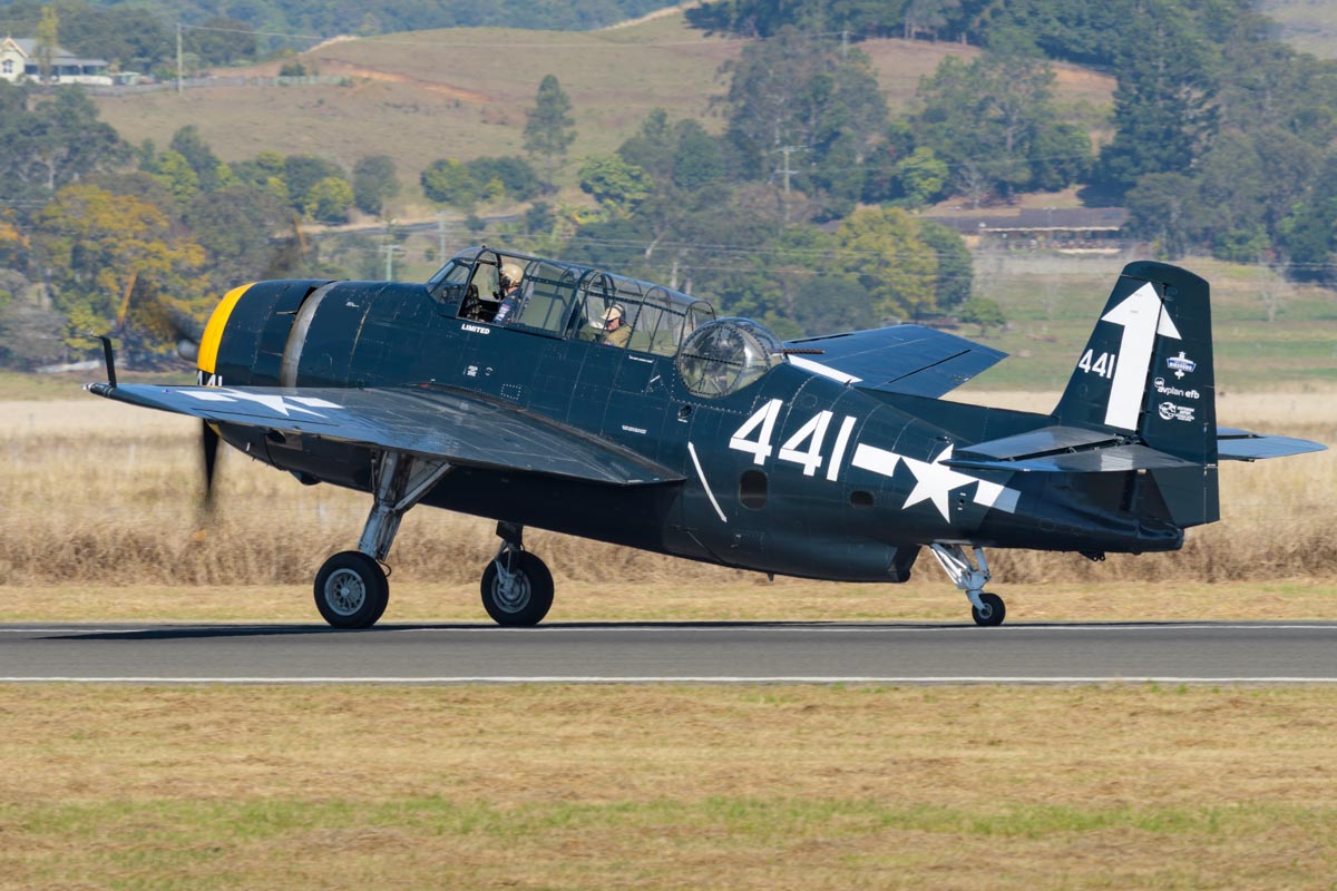 Grumman TBM-3E Avenger VH-MML taxiing for takeoff at the Lismore Aviation Expo 2018 airshow.