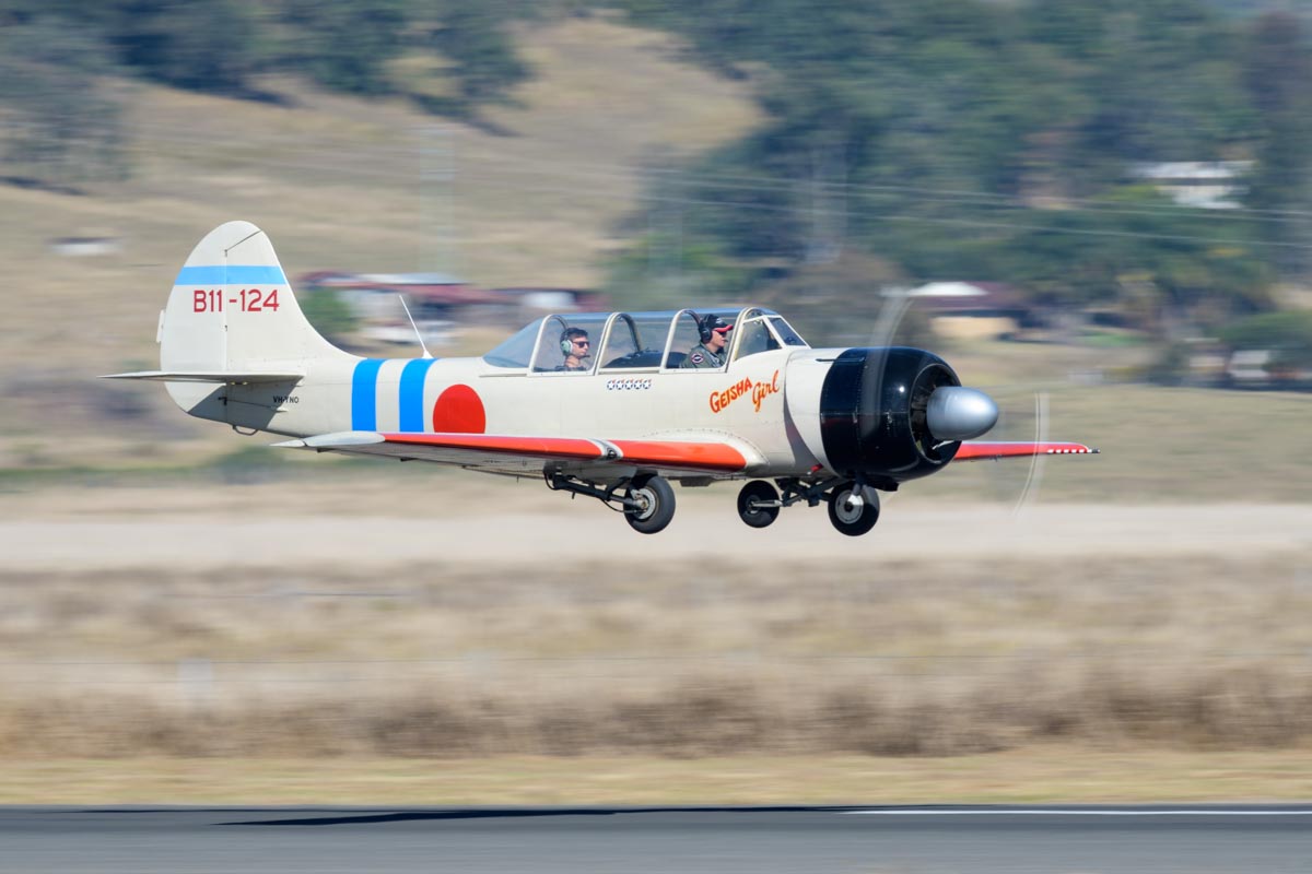 Yakovlev Yak-52 VH-YNO "Geisha Girl" just after takeoff at the Lismore Aviation Expo 2018 airshow.