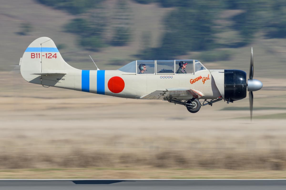 Yakovlev Yak-52 VH-YNO "Geisha Girl" just after takeoff at the Lismore Aviation Expo 2018 airshow.