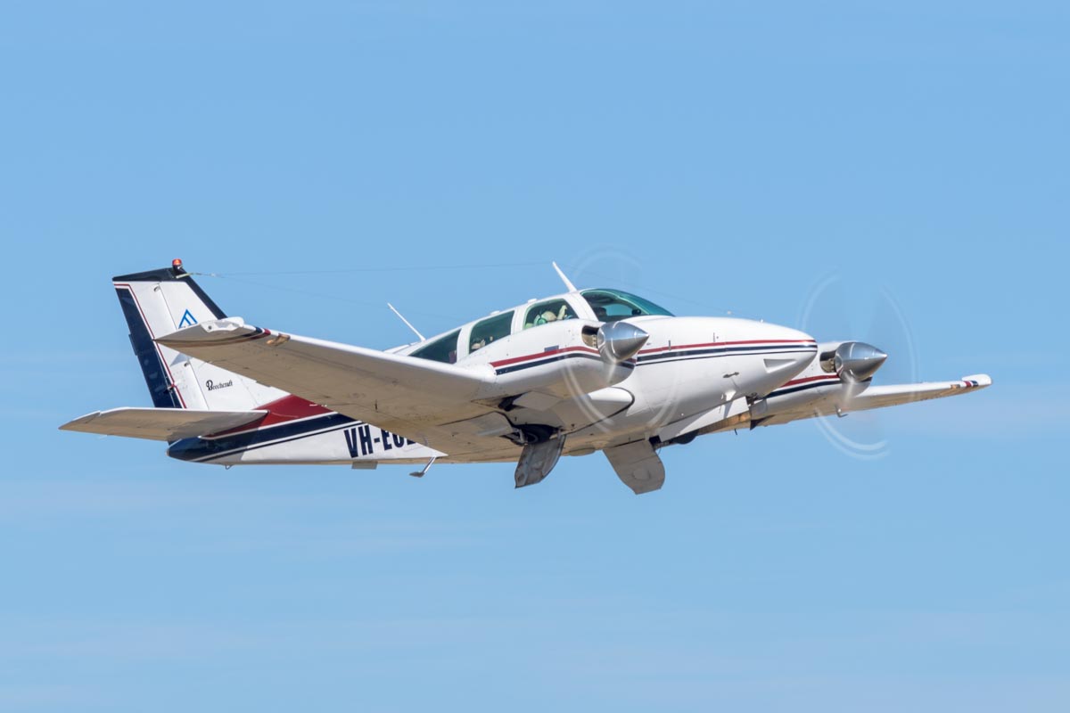 Beechcraft 95-B55 Baron VH-EUZ takes off at Lismore Aviation Expo 2018 airshow.