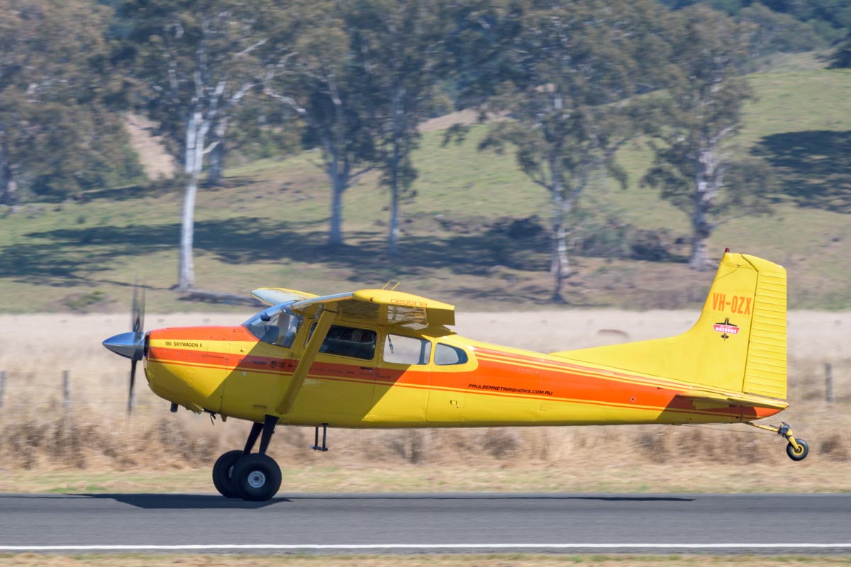 Paul Bennet Airshows Cessna A185F Skywagon takes off at Lismore Aviation Expo 2018 airshow.