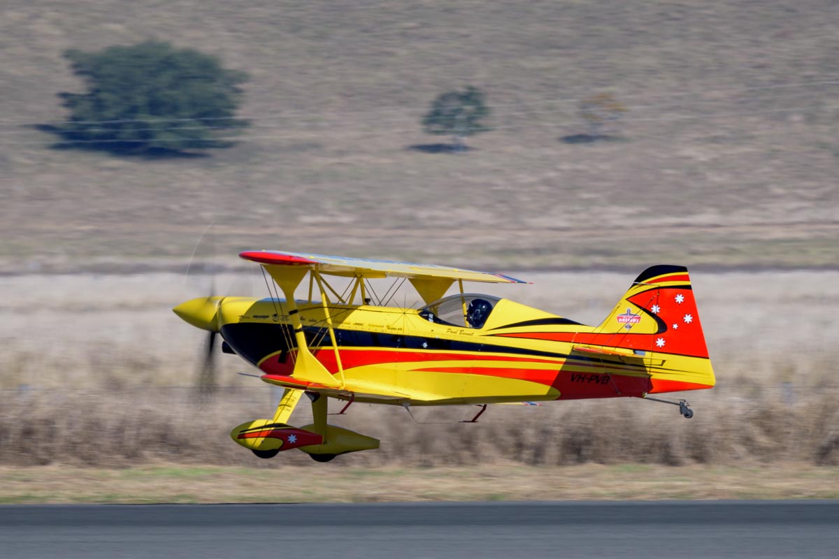 Paul Bennet Airshows WolfPitts Pro VH-PVB takes off at the Lismore Aviation Expo 2018 airshow.