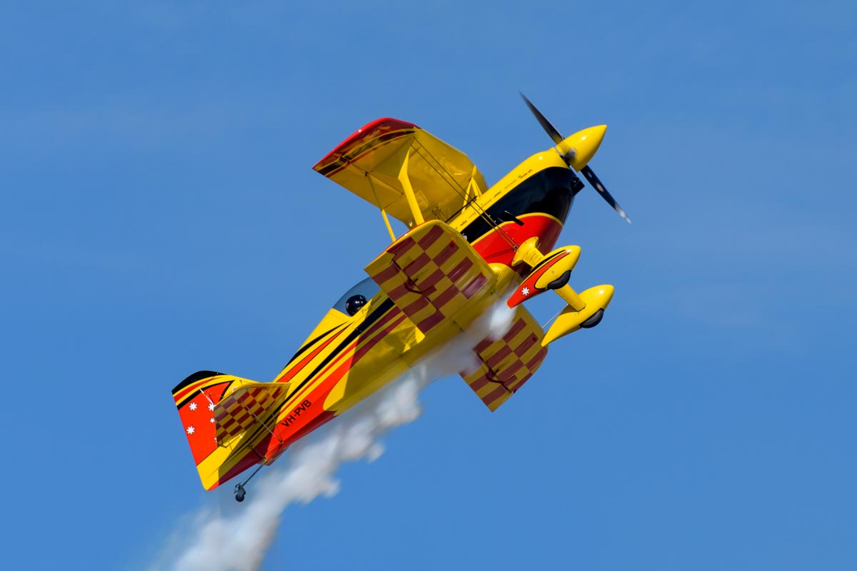 Paul Bennet Airshows WolfPitts Pro VH-PVB during its solo aerobatic display at the Lismore Aviation Expo 2018 airshow.