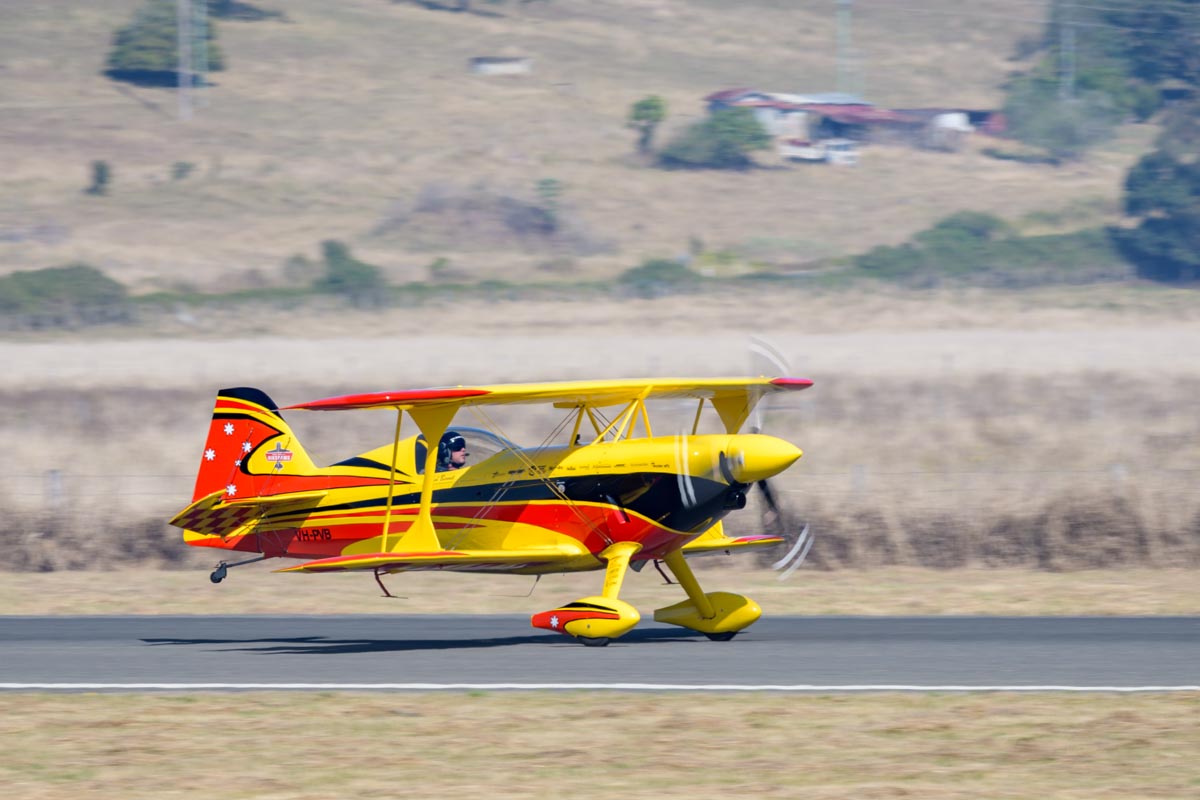 Paul Bennet Airshows WolfPitts Pro VH-PVB takes off at the Lismore Aviation Expo 2018 airshow.