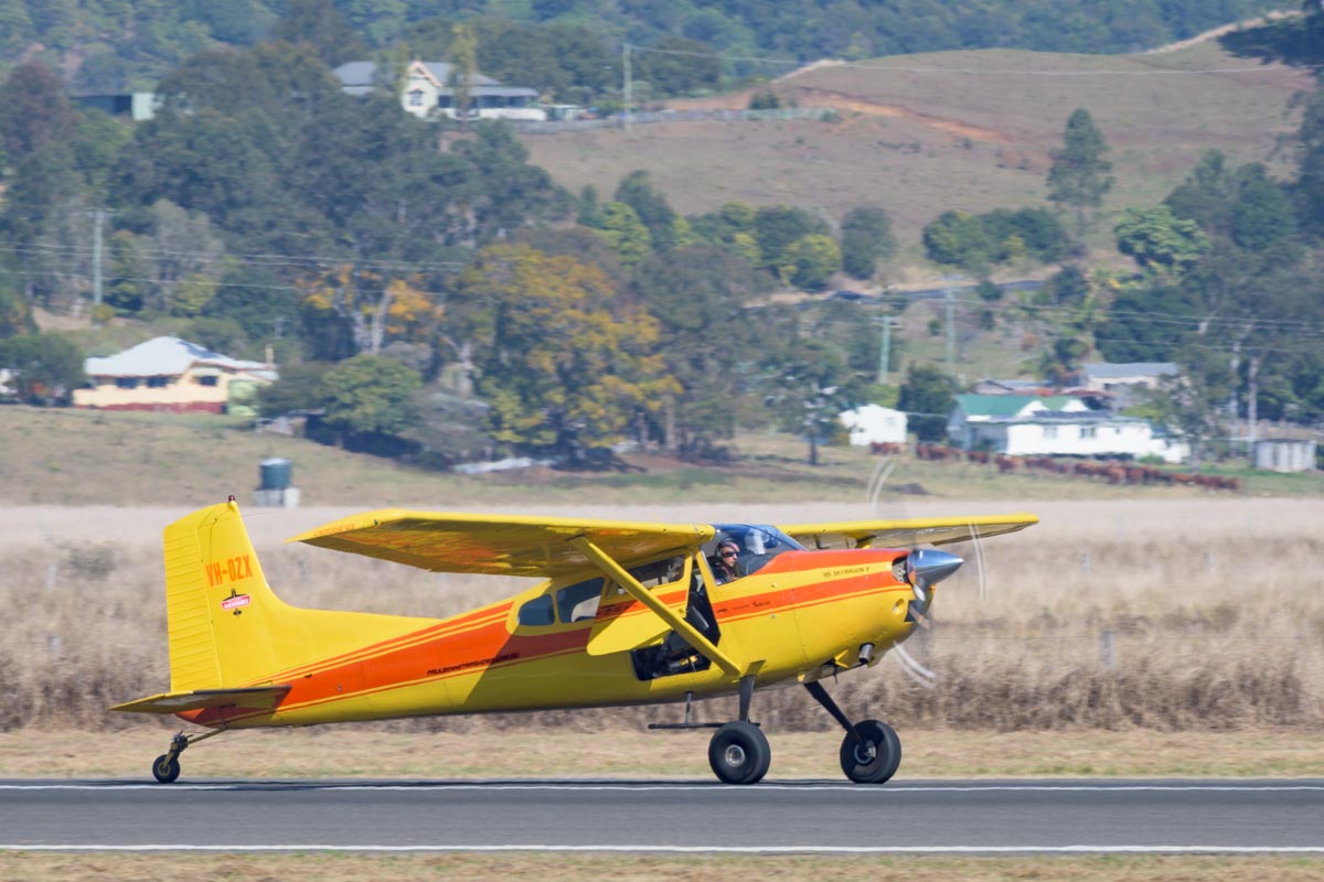 Paul Bennet Airshows Cessna A185F Skywagon landing at Lismore Aviation Expo 2018 airshow.