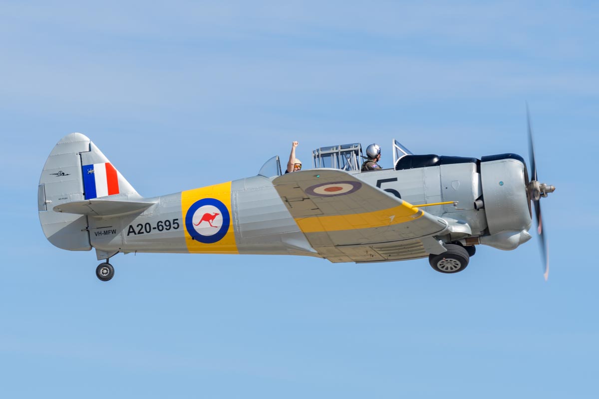 CAC CA-16 Wirraway VH-MFW takes off with an excited customer for an adventure flight at Lismore Aviation Expo 2018 airshow.