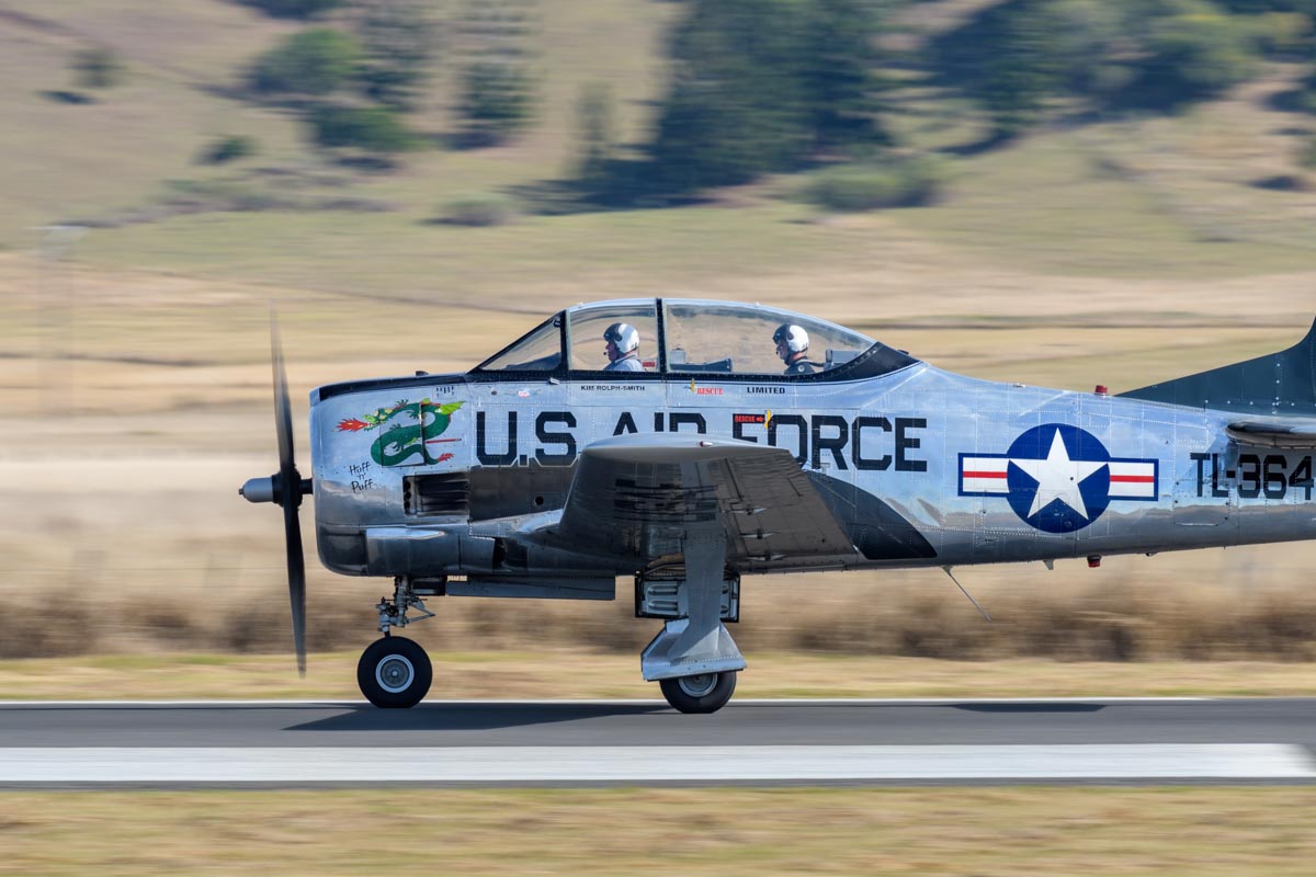 North American T-28D Trojan VH-TRO "Huff n Puff" takes off at the Lismore Aviation Expo 2018 airshow.