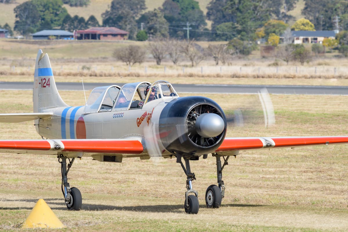 Yakovlev Yak-52 VH-YNO "Geisha Girl" taxiing at the Lismore Aviation Expo 2018 airshow.