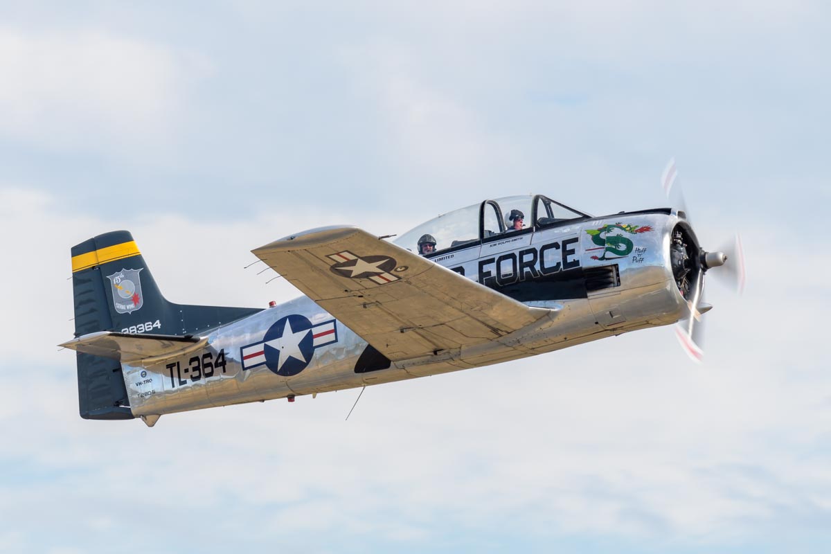 North American T-28D Trojan VH-TRO "Huff n Puff" takes off on an adventure flight at the Lismore Aviation Expo 2018 airshow.