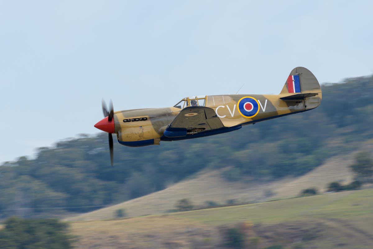 Curtiss P-40E Kittyhawk Mk IA VH-KTY during its flying display at the Lismore Aviation Expo 2018 airshow.