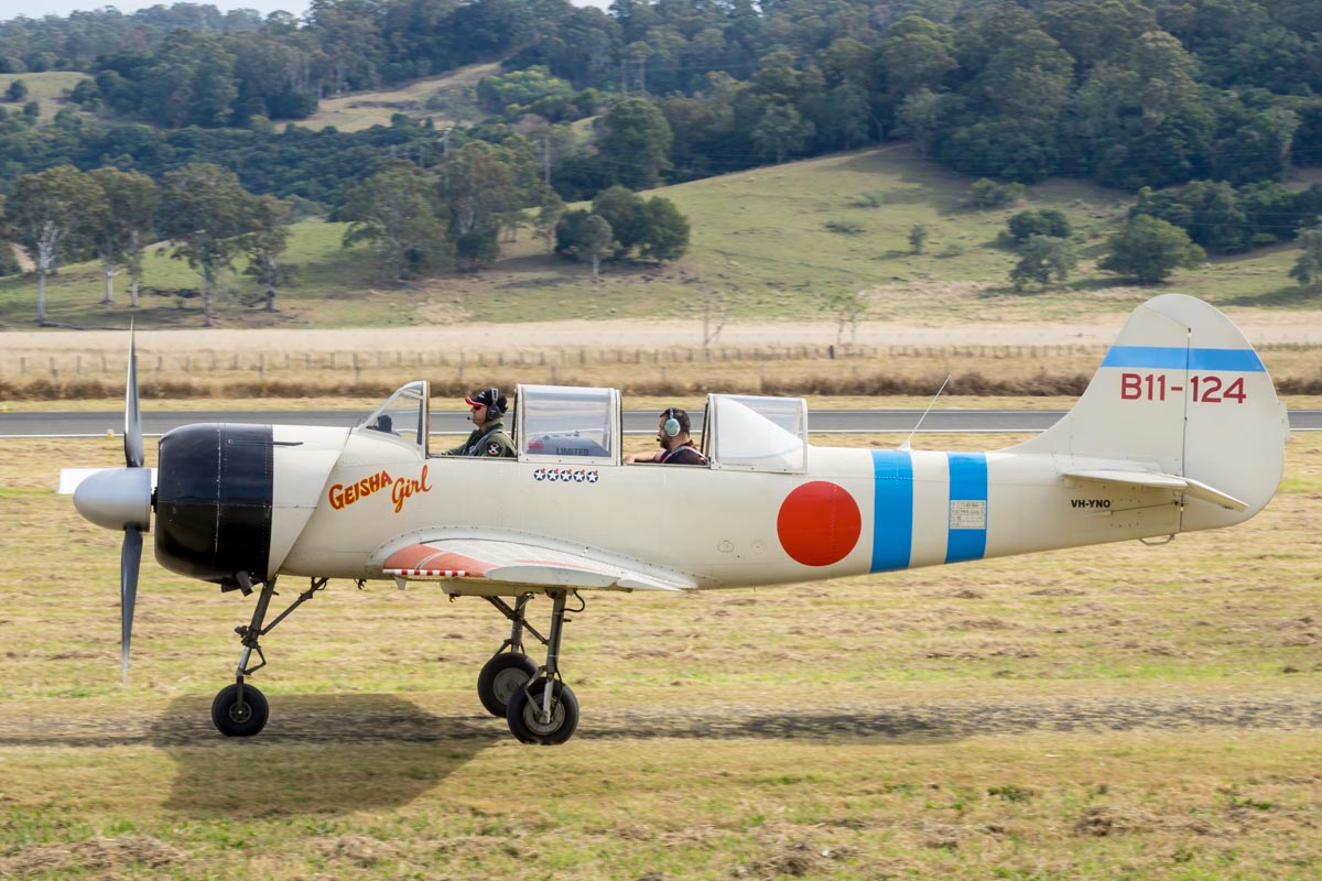 Yakovlev Yak-52 VH-YNO "Geisha Girl" taxiing for an adventure flight at the Lismore Aviation Expo 2018 airshow.