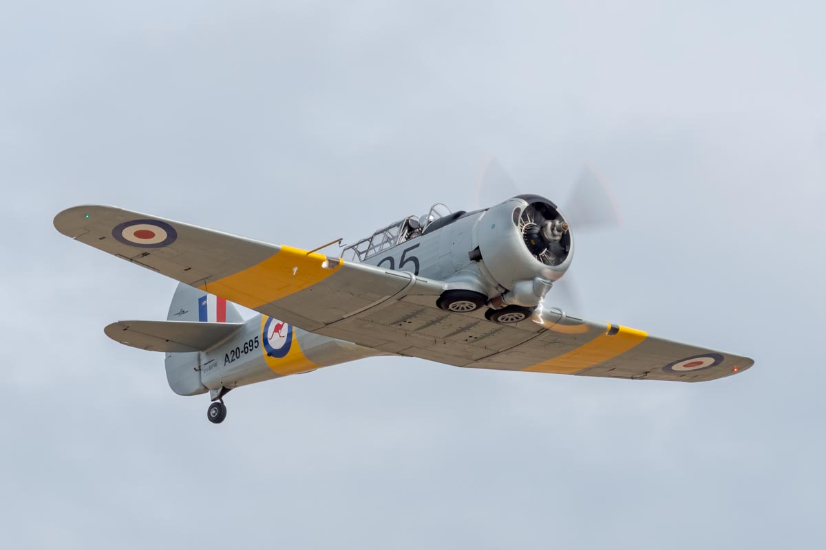 CAC CA-16 Wirraway VH-MFW during its flying display action at Lismore Aviation Expo 2018 airshow.