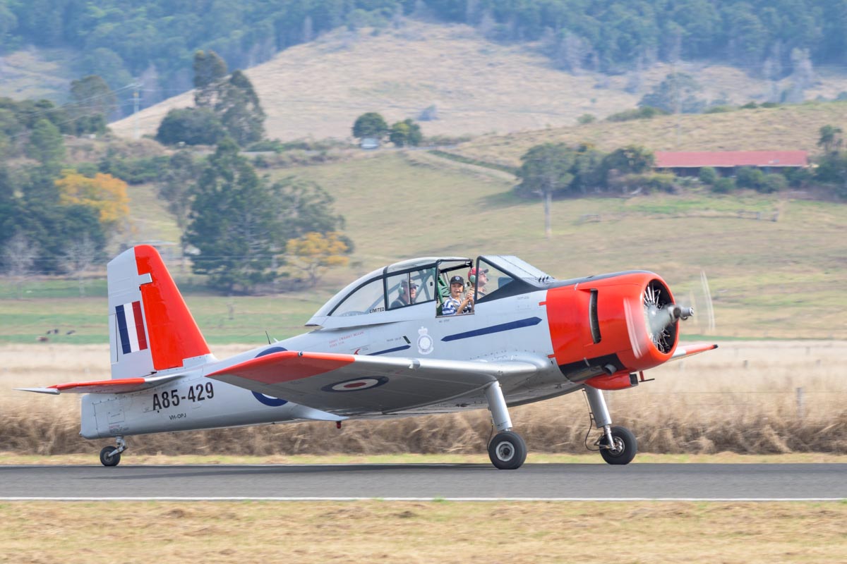 CAC CA-25 Winjeel VH-OPJ taxiing after landing at the Lismore Aviation Expo 2018 airshow.