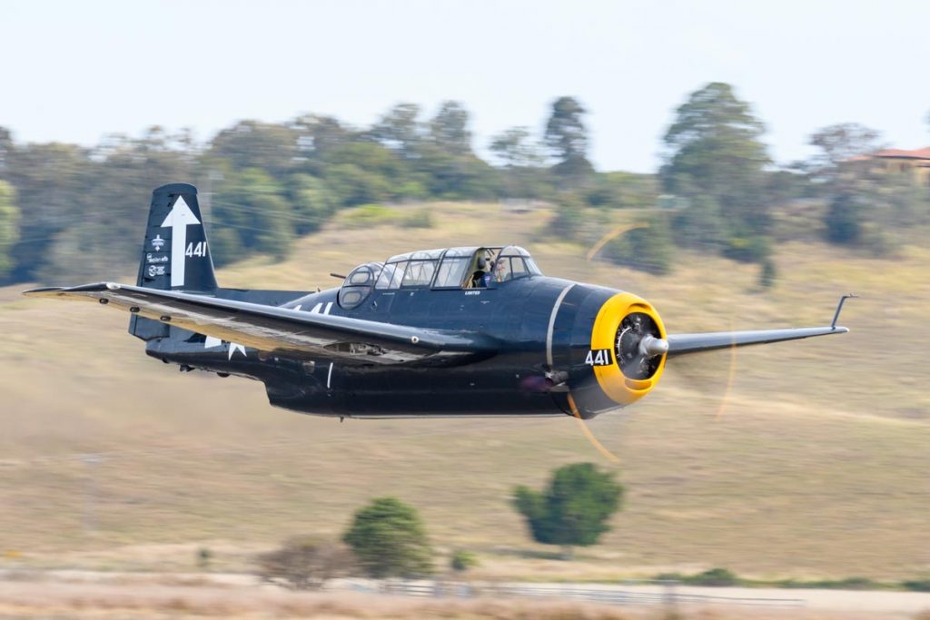 Grumman TBM-3E Avenger VH-MML just after takeoff at the Lismore Aviation Expo 2018 airshow.