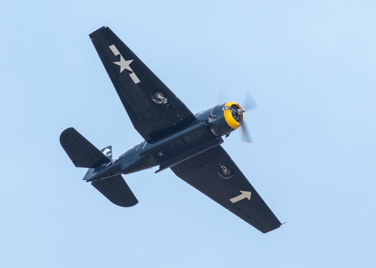Grumman TBM-3E Avenger VH-MML with bomb bay open during its flying display at the Lismore Aviation Expo 2018 airshow.