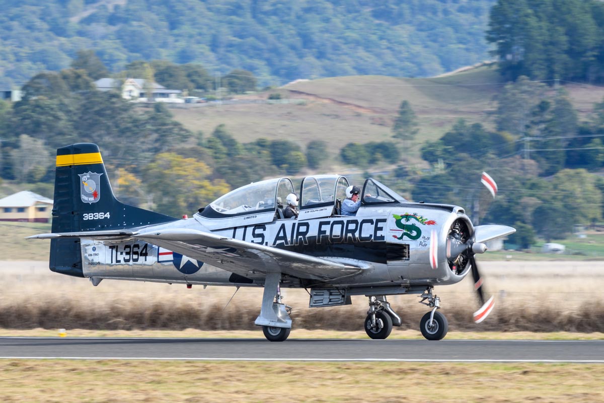 North American T-28D Trojan VH-TRO "Huff n Puff" taxiing at the Lismore Aviation Expo 2018 airshow.