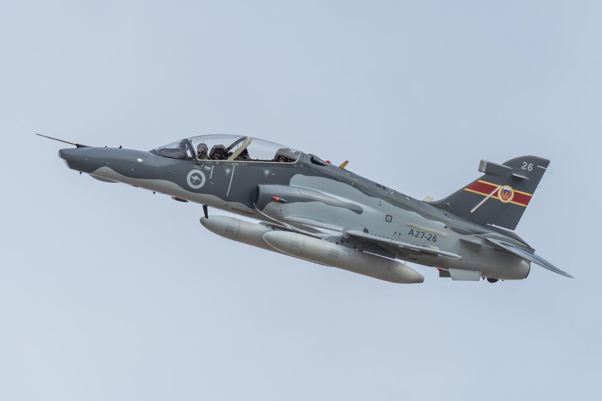 BAE Systems Hawk 127 A27-26 of No 76 SQN RAAF during its handling display at Lismore Aviation Expo 2018 public airshow.