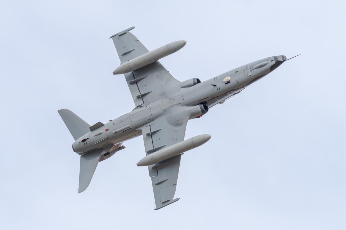 The underside of BAE Systems Hawk 127 A27-26 of No 76 SQN RAAF during its handling display at Lismore Aviation Expo 2018 public airshow.