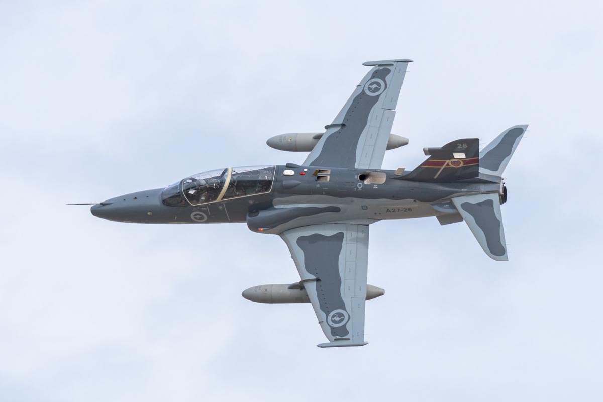 BAE Systems Hawk 127 A27-26 of No 76 SQN RAAF during its handling display at Lismore Aviation Expo 2018 public airshow.
