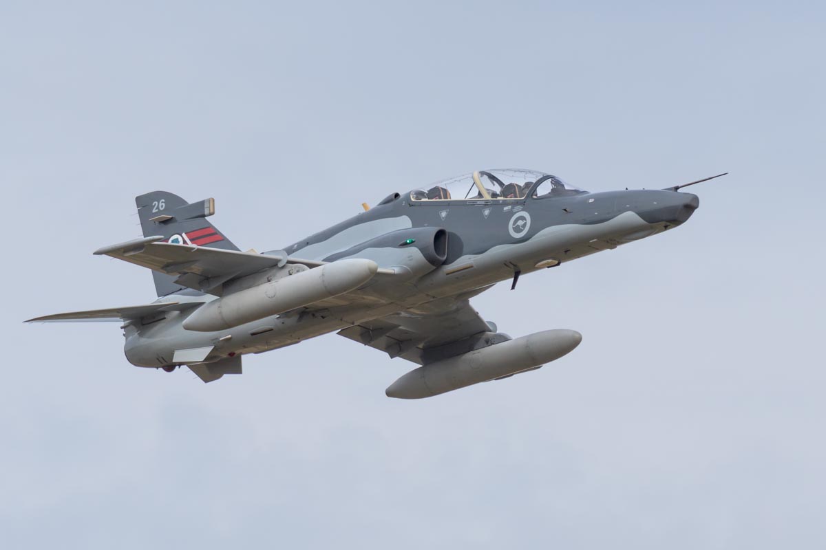 BAE Systems Hawk 127 A27-26 of No 76 SQN RAAF during its handling display at Lismore Aviation Expo 2018 public airshow.