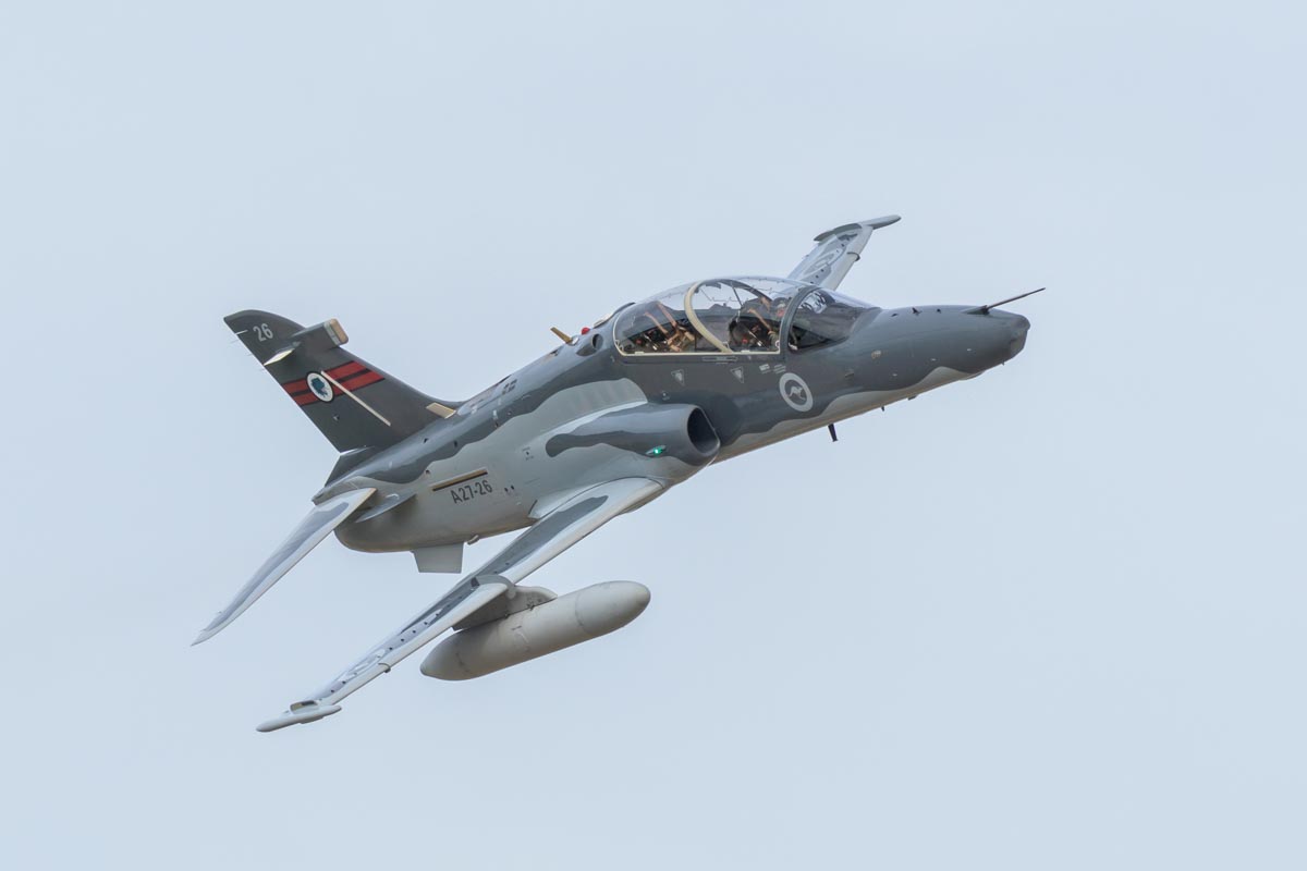 BAE Systems Hawk 127 A27-26 of No 76 SQN RAAF during its handling display at Lismore Aviation Expo 2018 public airshow.