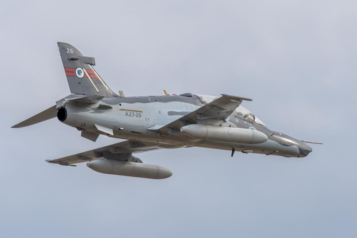 BAE Systems Hawk 127 A27-26 of No 76 SQN RAAF during its handling display at Lismore Aviation Expo 2018 public airshow.