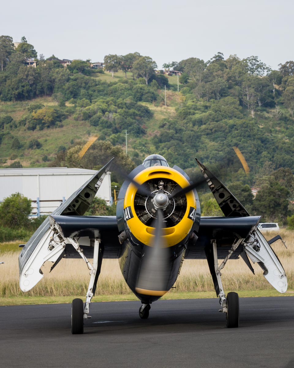 Grumman TBM-3E Avenger VH-MML with wings folder preparing to taxi at the Lismore Aviation Expo 2018 airshow.