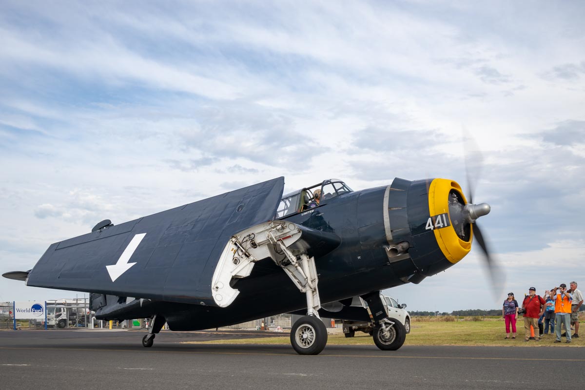 Grumman TBM-3E Avenger VH-MML with wings folder preparing to taxi at the Lismore Aviation Expo 2018 airshow.