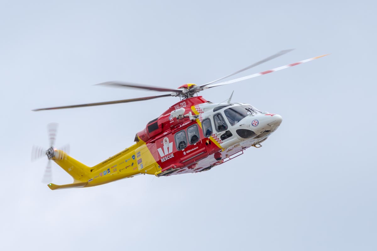 Northern NSW Helicopter Rescue Service AgustaWestland AW139 rescue helicopter VH-ZXD takes off over Lismore Aiport during the Lismore Aviation Expo 2018 airshow.