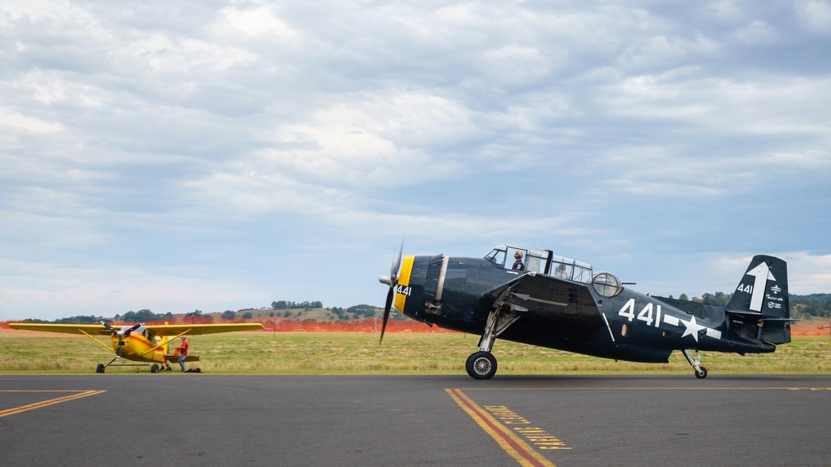 Grumman TBM-3E Avenger VH-MML taxiing at the Lismore Aviation Expo 2018 airshow.