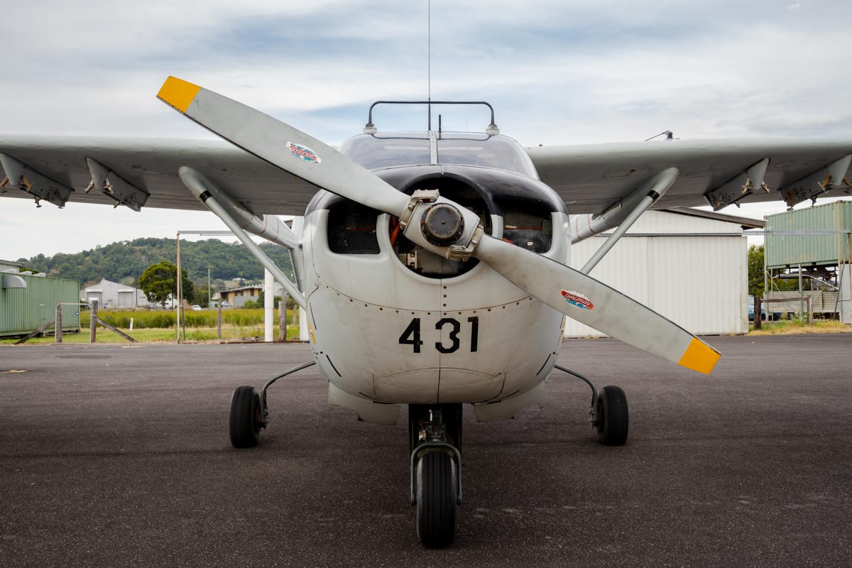 Front view of the nose of Cessna O-2A Skymaster VH-OTO at the Lismore Aviation Expo 2018 airshow.