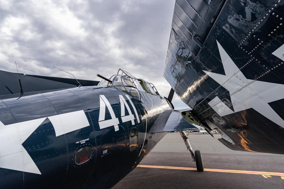 Perspective looking forward from the tail of Grumman TBM-3E Avenger VH-MML in action at the Lismore Aviation Expo 2018 airshow.