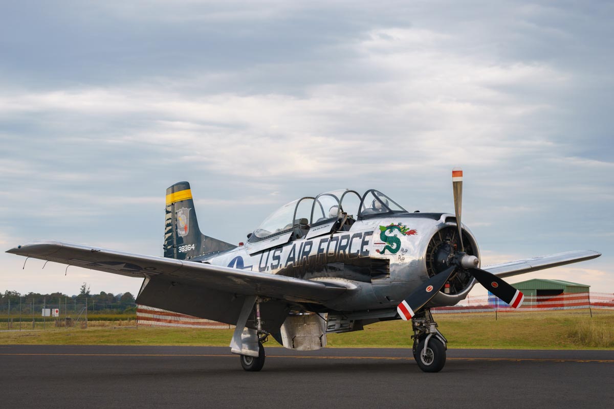 North American T-28D Trojan VH-TRO "Huff n Puff" parked at the Lismore Aviation Expo 2018 airshow.