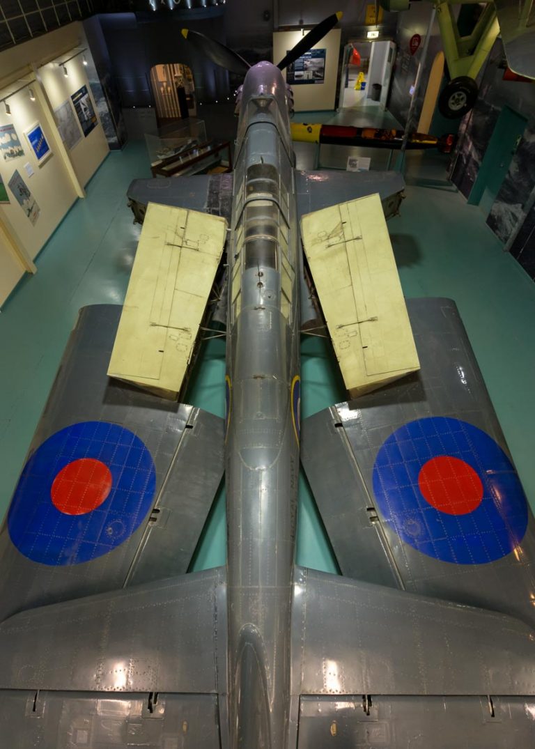 Fairey Fulmar Mk.II G-AIBE (N1854) viewed from above showing the intricate wing folding arrangement at the Royal Navy Fleet air Arm Museum.