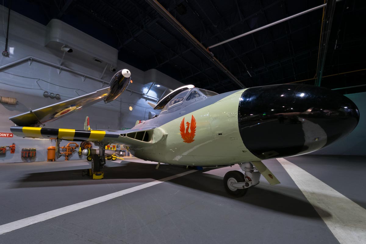 The bulbous nose of De Havilland Sea Venom FAW.21 WW138 in the carrier hall display at the Royal Navy Fleet Air Arm Museum.