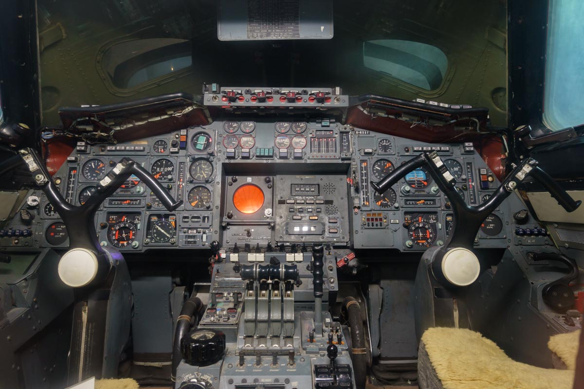 Cockpit view of British Aerospace-Aerospatiale Concorde G-BSST at the Royal Navy Fleet Air Arm Museum.