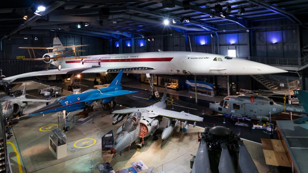 Wide view of Hall 4 of the Royal Navy Fleet Air Arm Museum.