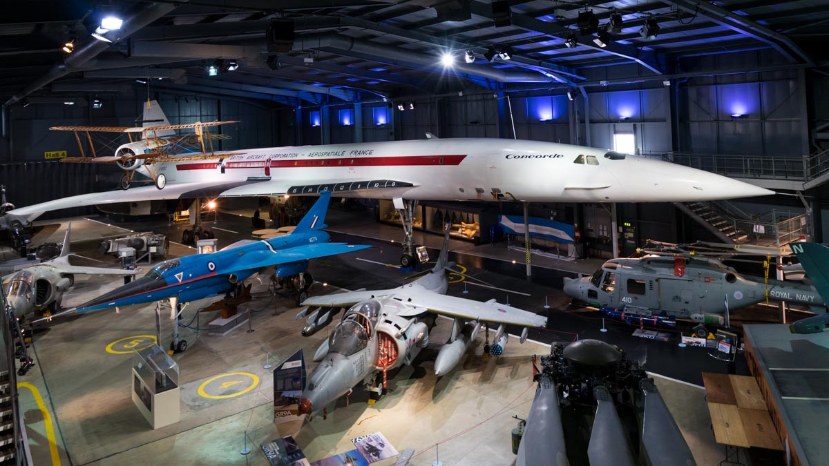 Wide view of Hall 4 of the Royal Navy Fleet Air Arm Museum.