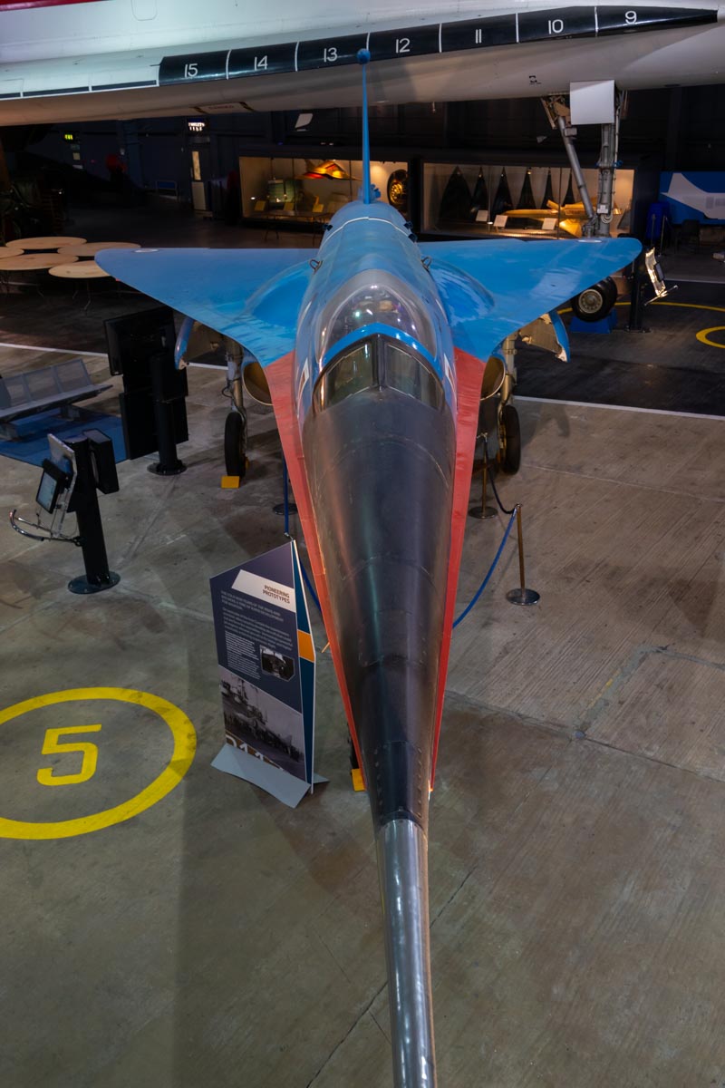 British Aircraft Corporation (BAC) 221, used as a test platform for the Concorde droop nose and ogee delta wing design on display at the Royal Navy Fleet Air Arm Museum.