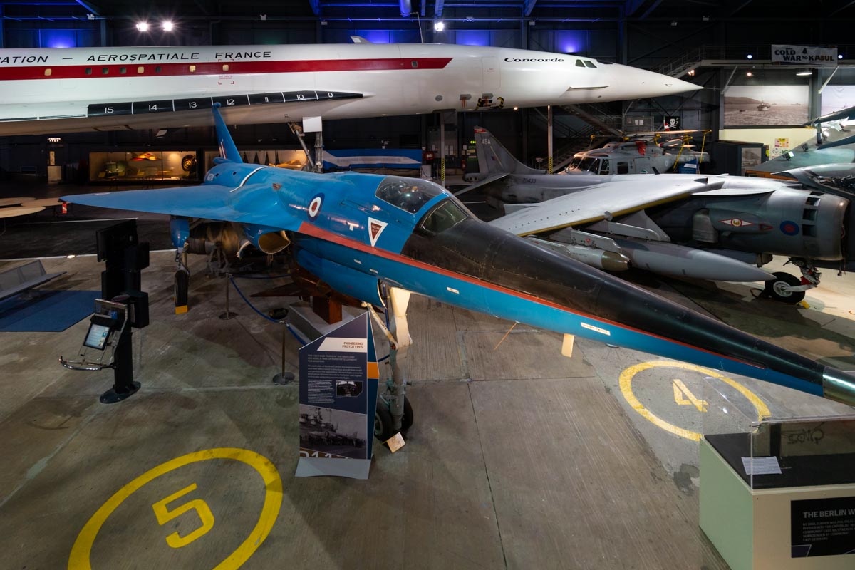 British Aircraft Corporation (BAC) 221, used as a test platform for the Concorde droop nose and ogee delta wing design on display at the Royal Navy Fleet Air Arm Museum