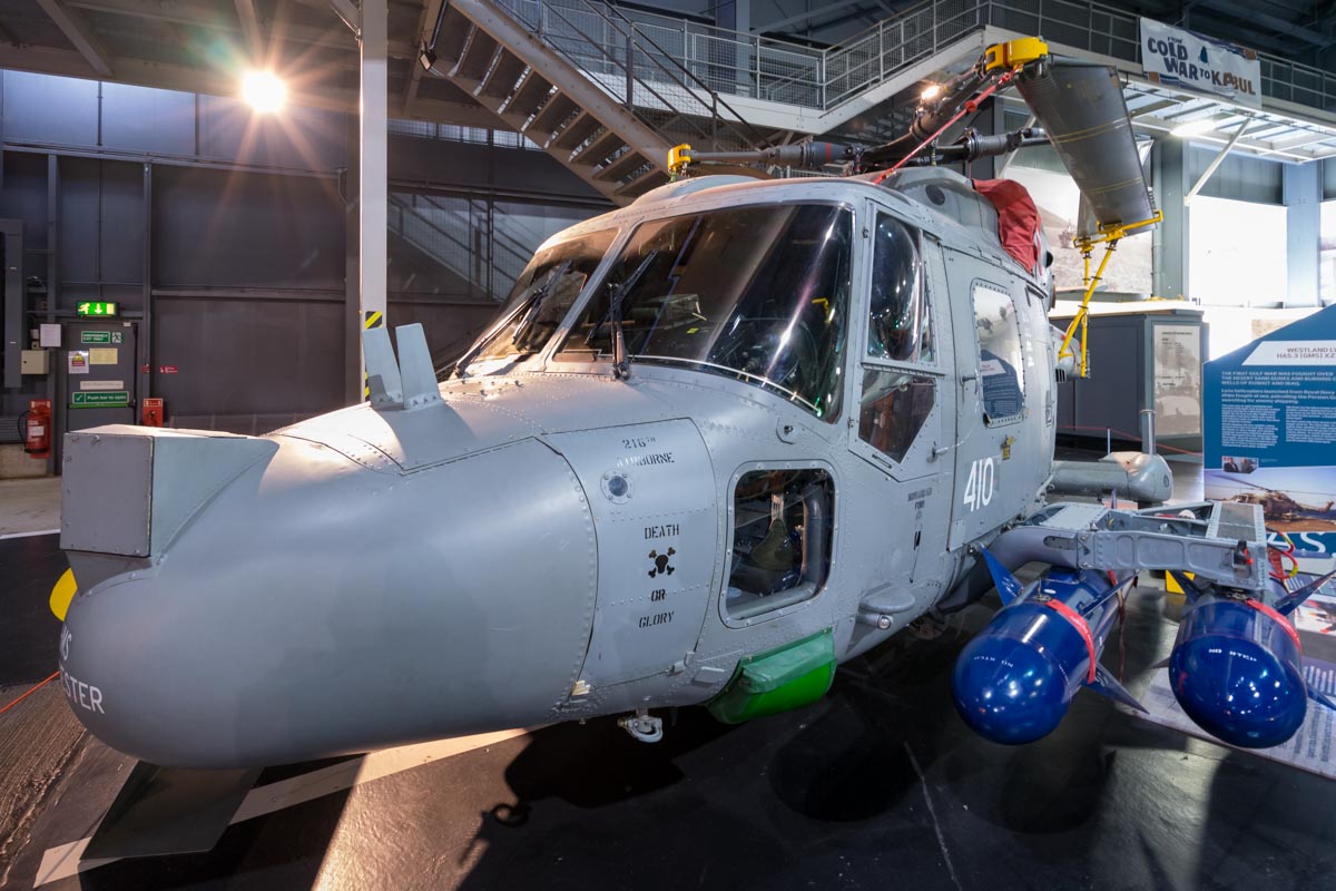 Westland Lynx HAS.3 XZ720 on display armed with Sea Skua anti-ship missiles at the Royal Navy Fleet Air Arm Museum.