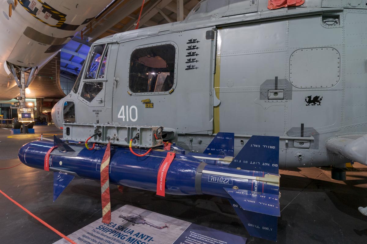 Westland Lynx HAS.3 XZ720 on display armed with Sea Skua anti-ship missiles at the Royal Navy Fleet Air Arm Museum.