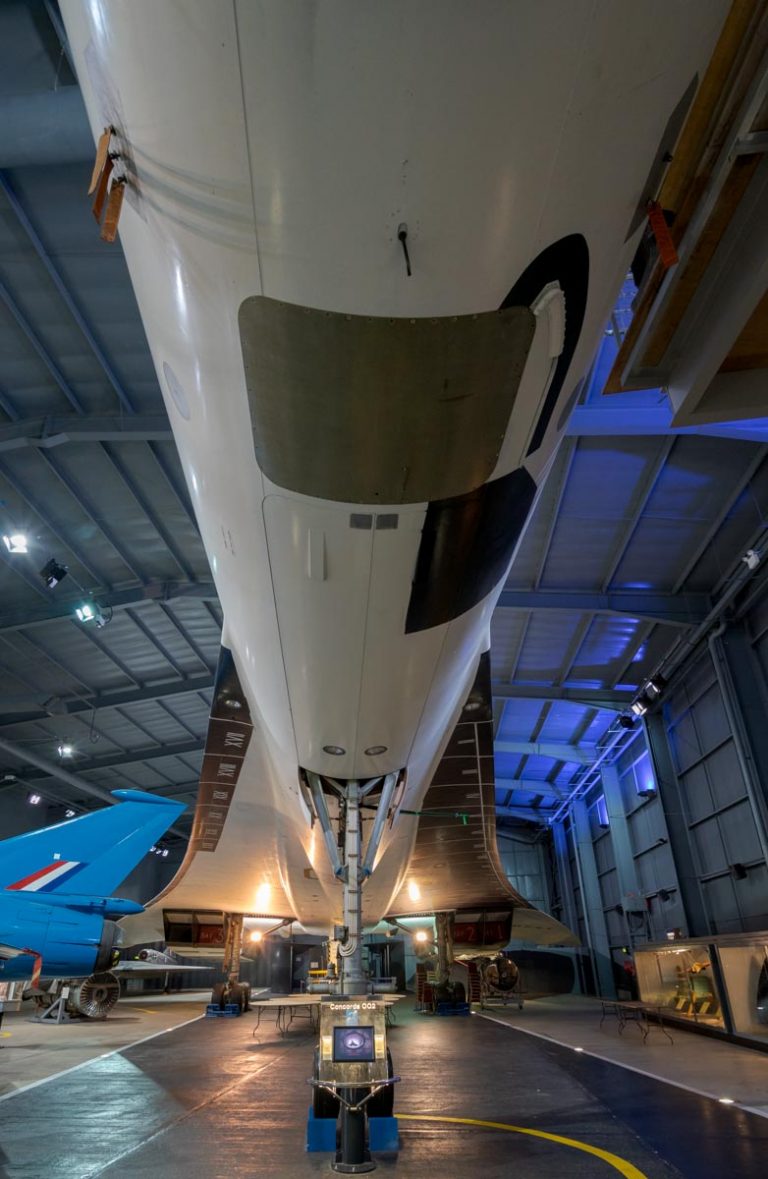 The underbody of British Aerospace-Aerospatiale Concorde G-BSST on display at the Royal Navy Fleet air Arm Museum.
