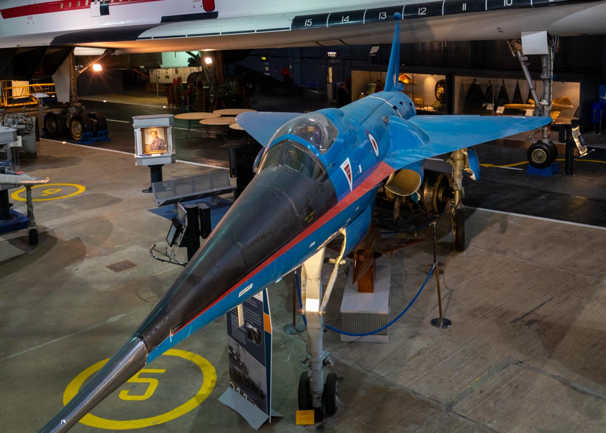 British Aircraft Corporation (BAC) 221, used as a test platform for the Concorde droop nose and ogee delta wing design. Royal Navy Fleet Air Arm Museum.