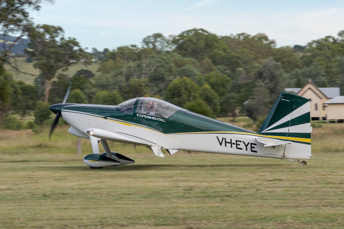 Vans Aircraft RV-7 VH-EYE landing at the Airsport Qld breakfast fly-in.